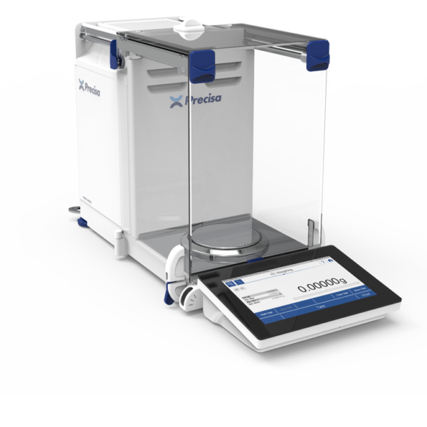 Precisa Series 390 analytical balances with frameless draft shield, touchscreen display, and advanced calibration technology for high-accuracy laboratory weighing.