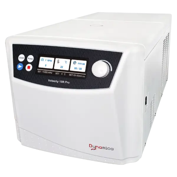 The Velocity 15R Pro microcentrifuge, a high-speed refrigerated centrifuge for temperature-sensitive sample separation.