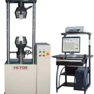 The WAW 100E universal testing machine, a high-precision hydraulic servo system for tensile and compression testing.